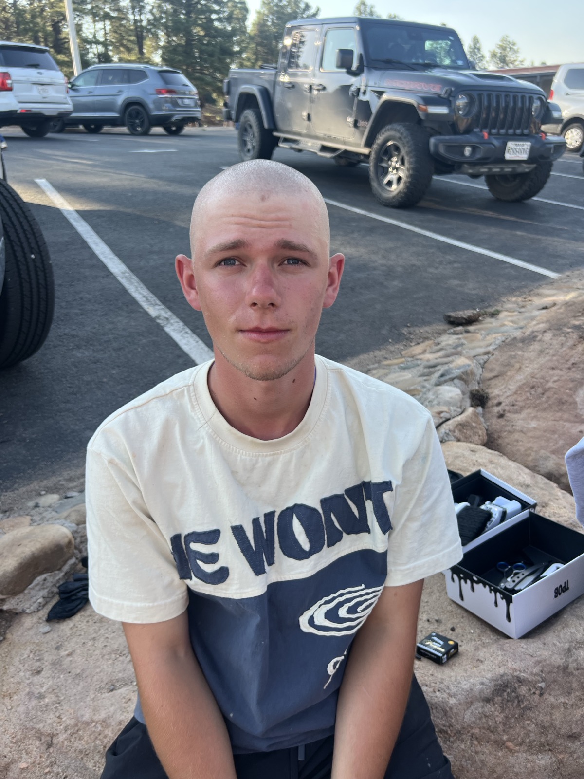 Caleb completely bald after the haircut