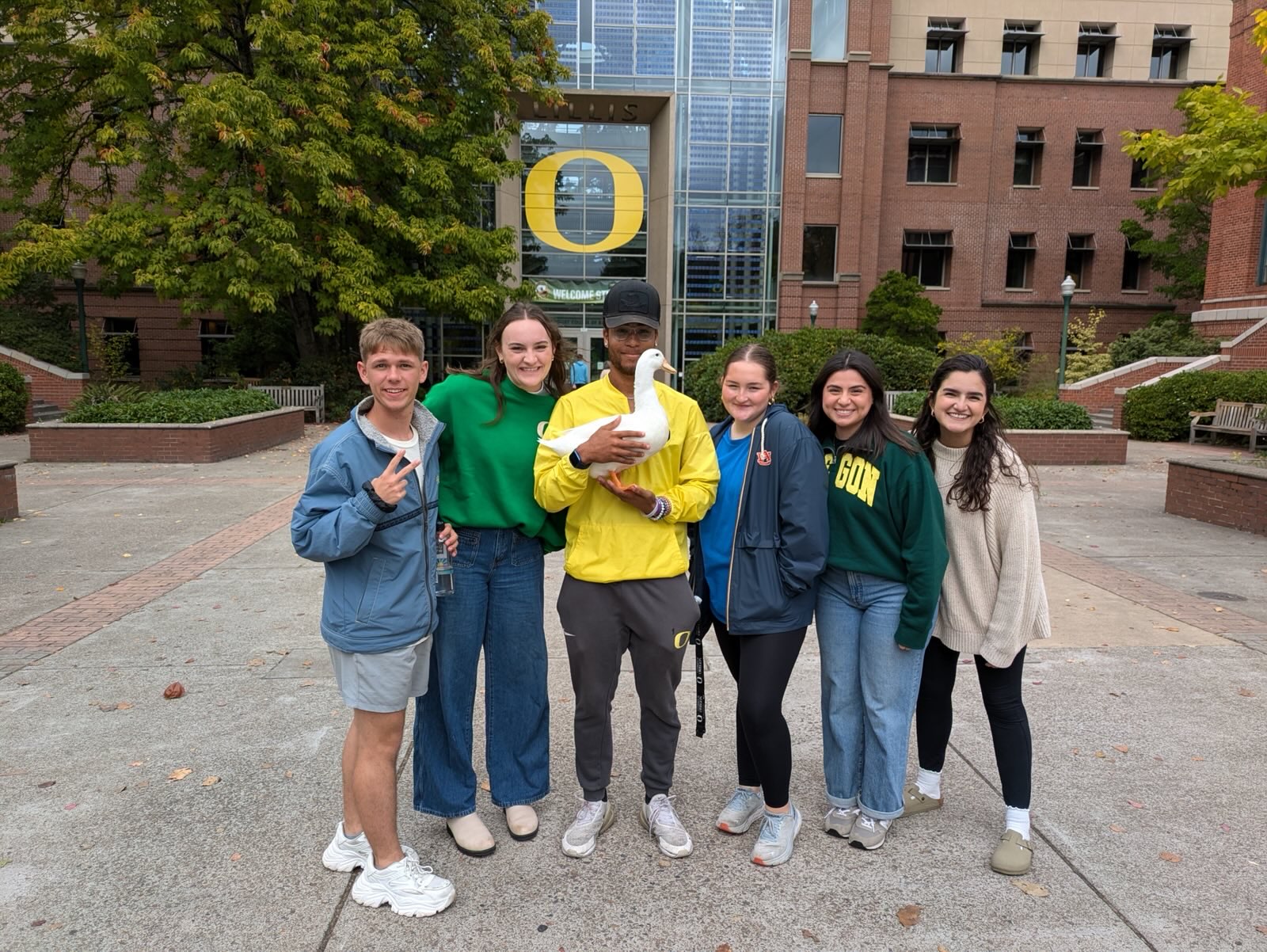 Meeting the Oregon Duck mascot during our campus visit